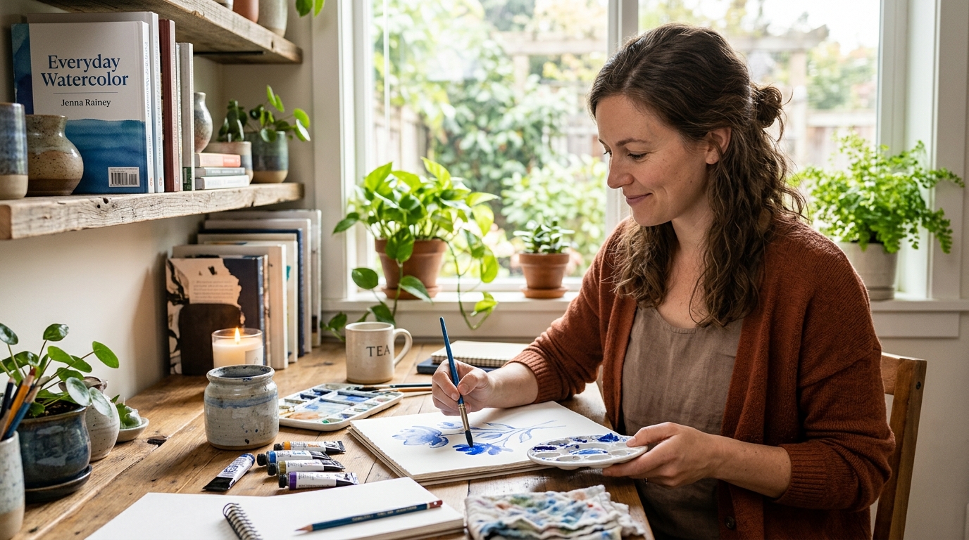 Woman painting at cozy home studio
