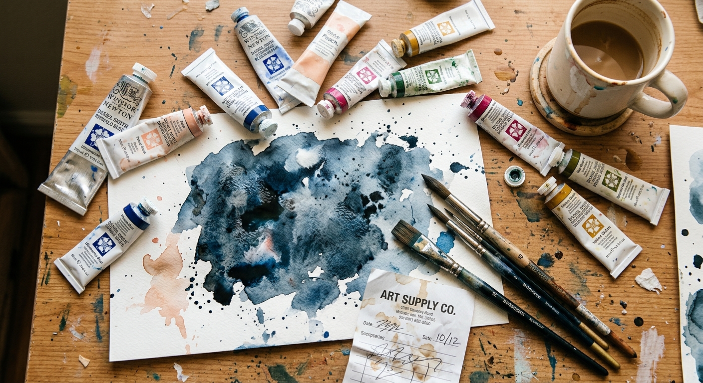 Watercolor supplies sprawled in chaos across a desk