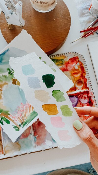 Watercolor palette and paper swatches